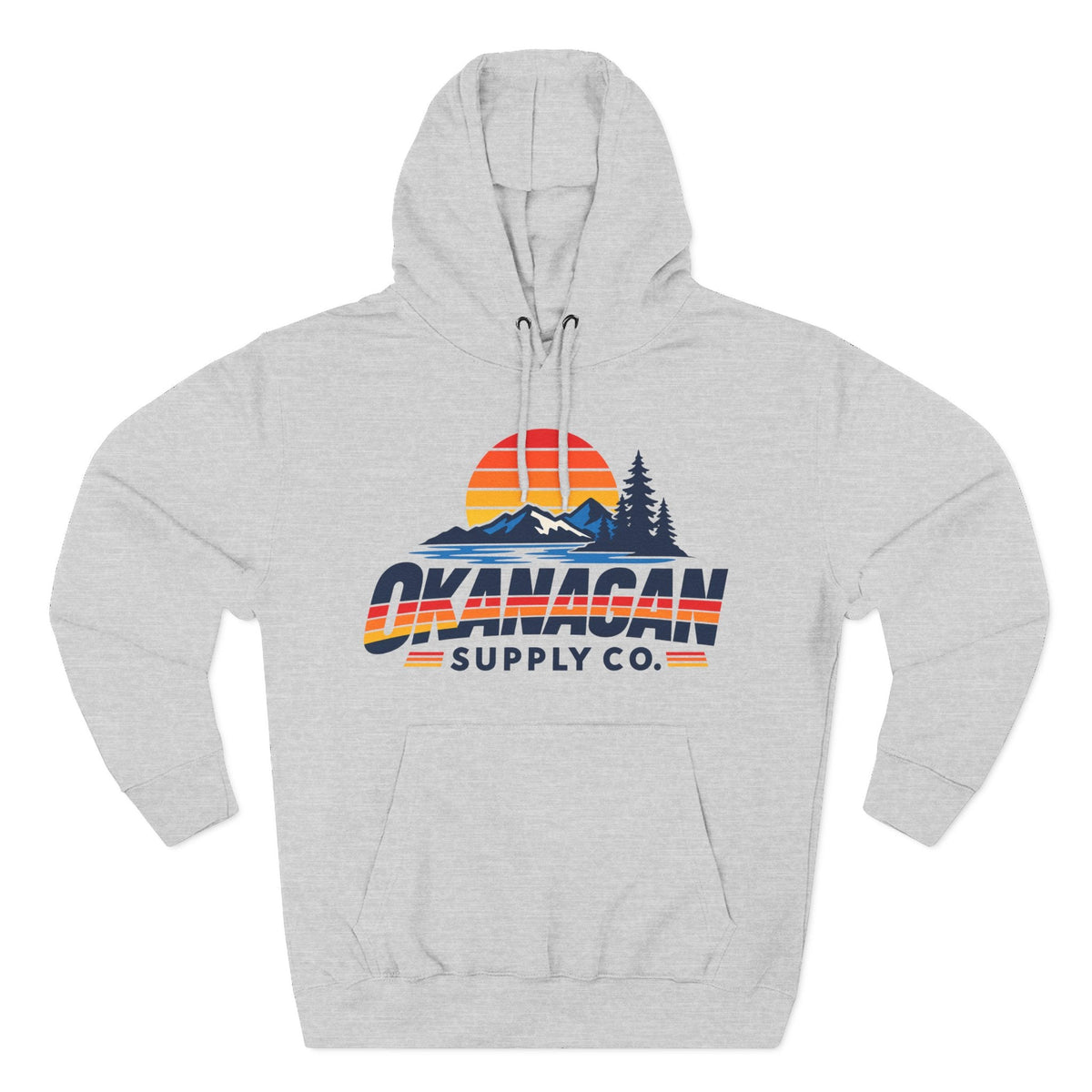 Okanagan Supply Co. Vintage Outdoors Hoodie with retro sun, pines and mountain lake