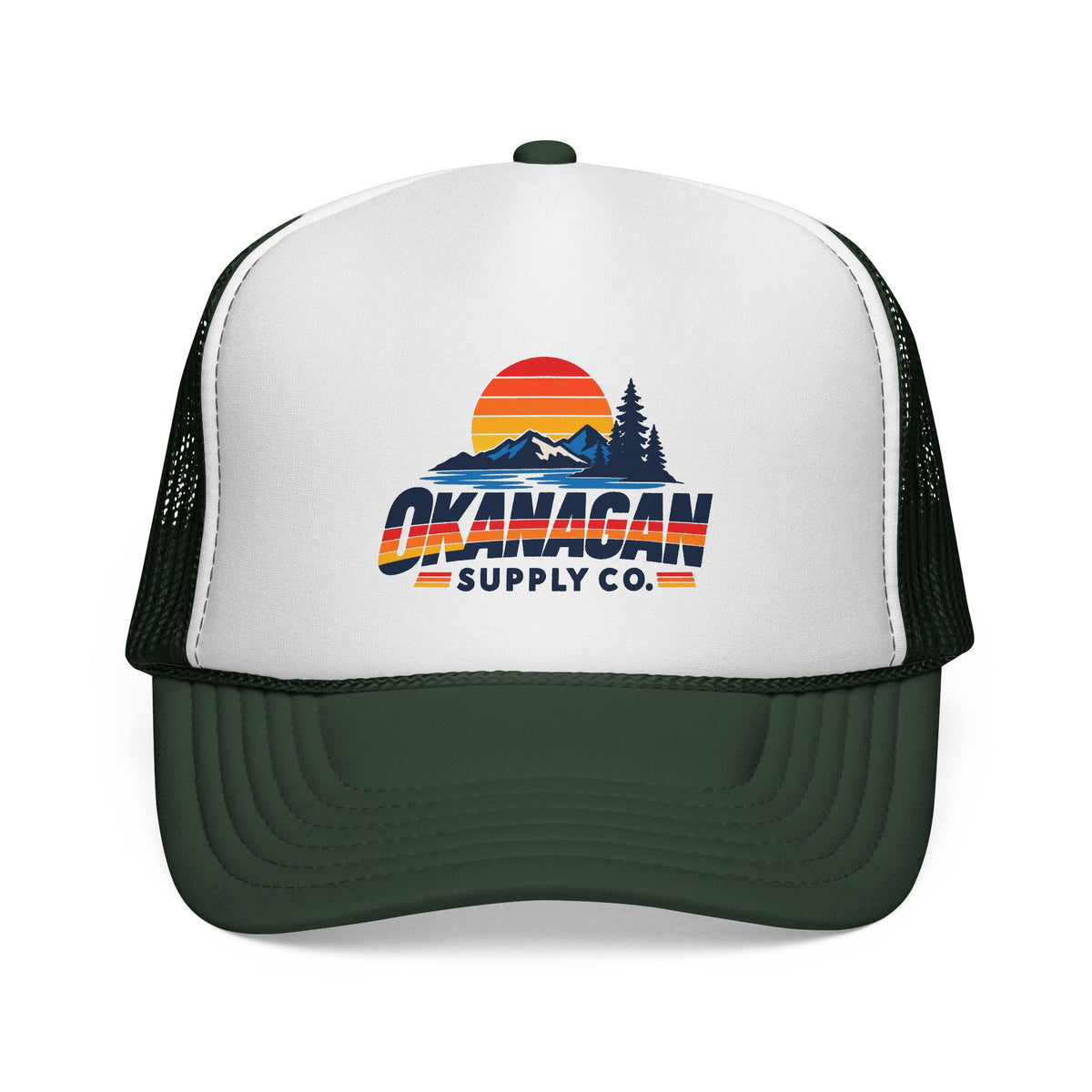 Okanagan Supply Co. Vintage Outdoors trucker hat in dark green, front view with retro sunset, mountain and pine logo