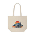 Okanagan Supply Co. Vintage Outdoors Canvas Tote in natural, front view with the retro mountain and sunset print