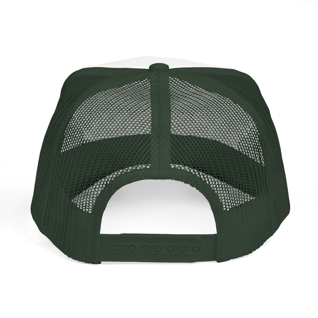 Okanagan Supply Co. Vintage Outdoors trucker hat in dark green, back view with mesh and snapback closure