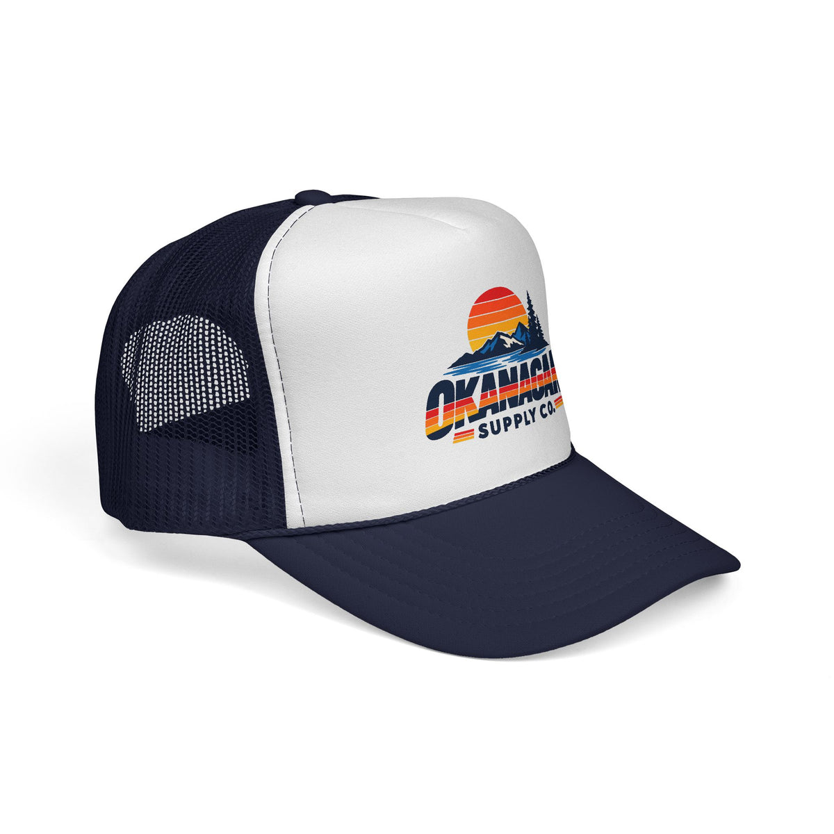 Okanagan Supply Co. Vintage Outdoors trucker hat in dark navy, side view