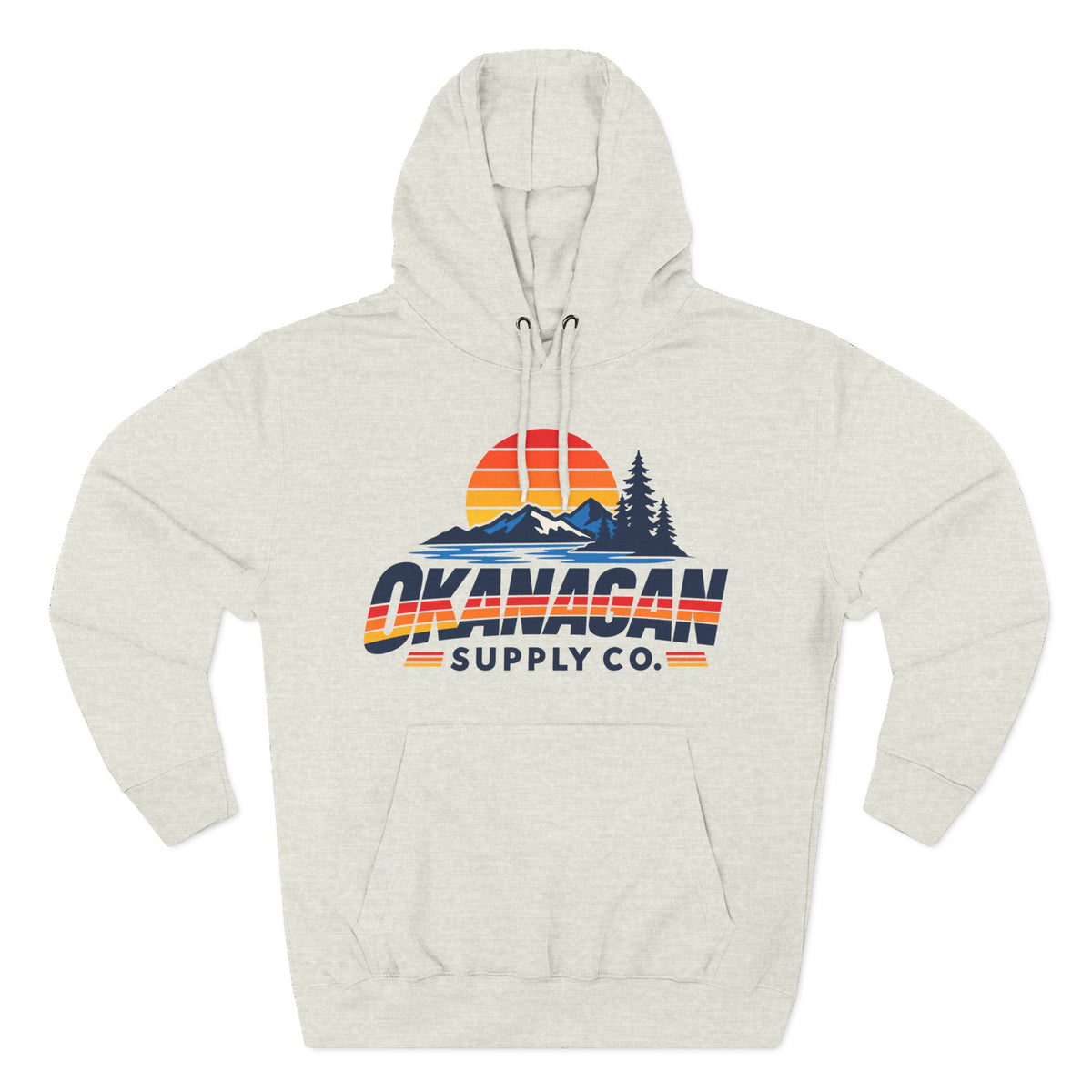 Okanagan Supply Co. Vintage Outdoors Hoodie in oatmeal heather, front view with retro sunset, mountain and pine print