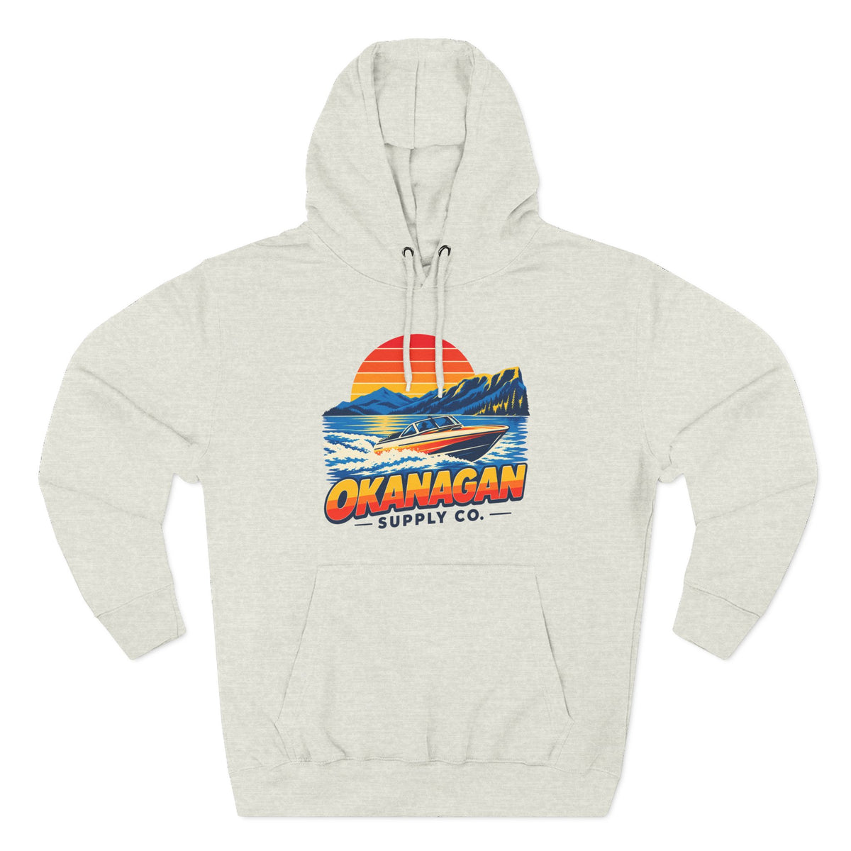 Okanagan Supply Co. Lake Day Speedboat Hoodie in oatmeal heather, front view with retro speedboat and sunset print
