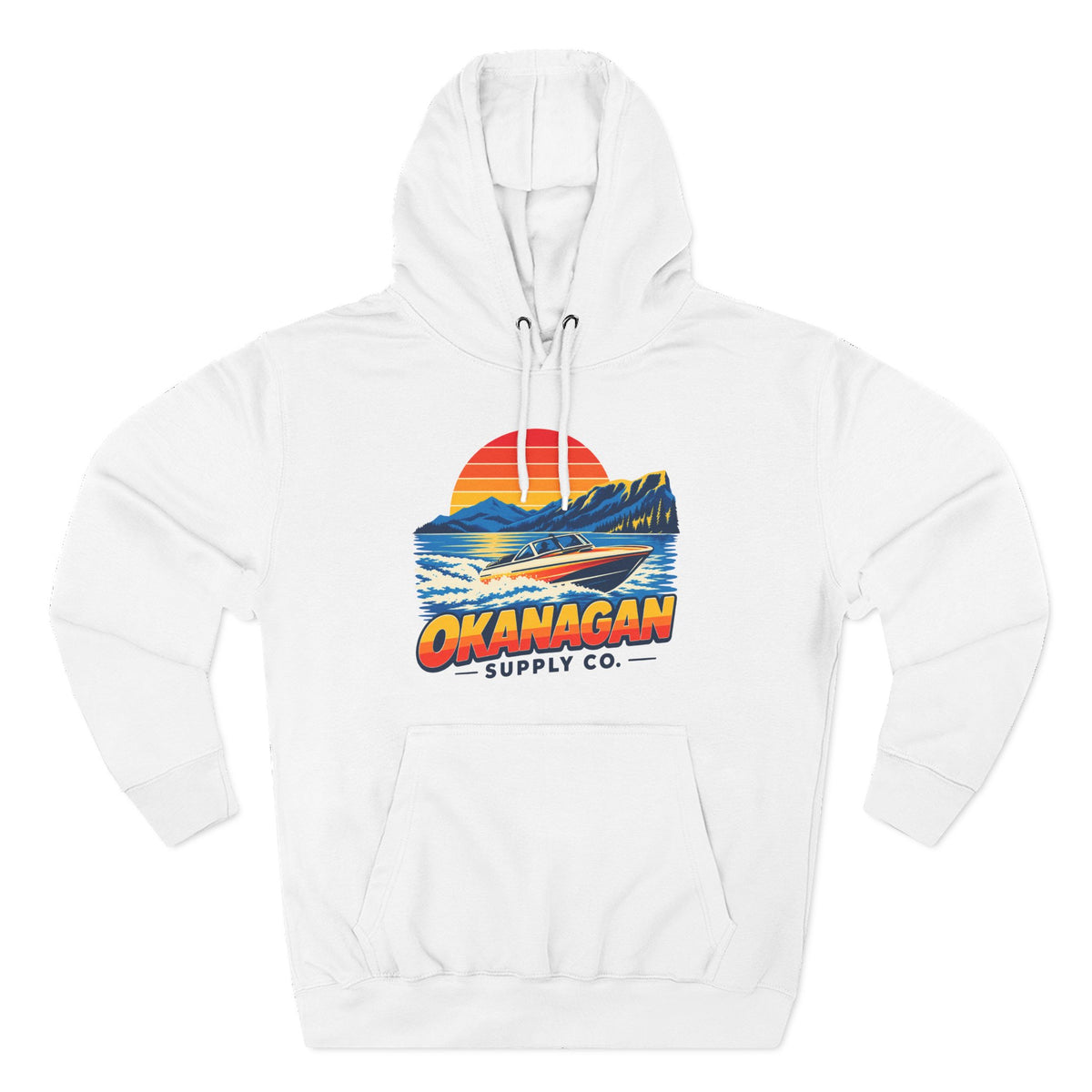Okanagan Supply Co. Lake Day Speedboat Hoodie in white, front view with retro speedboat and sunset print