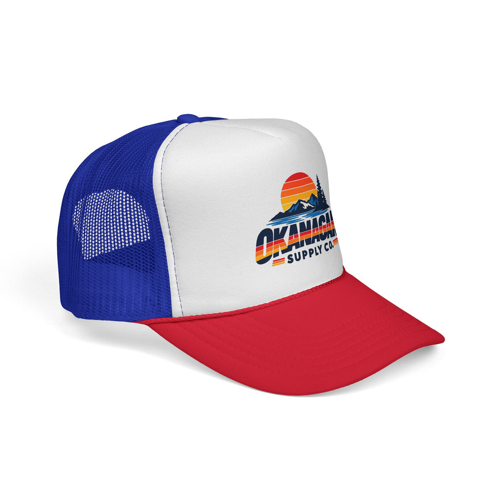 Okanagan Supply Co. Vintage Outdoors trucker hat in blue and red, side view