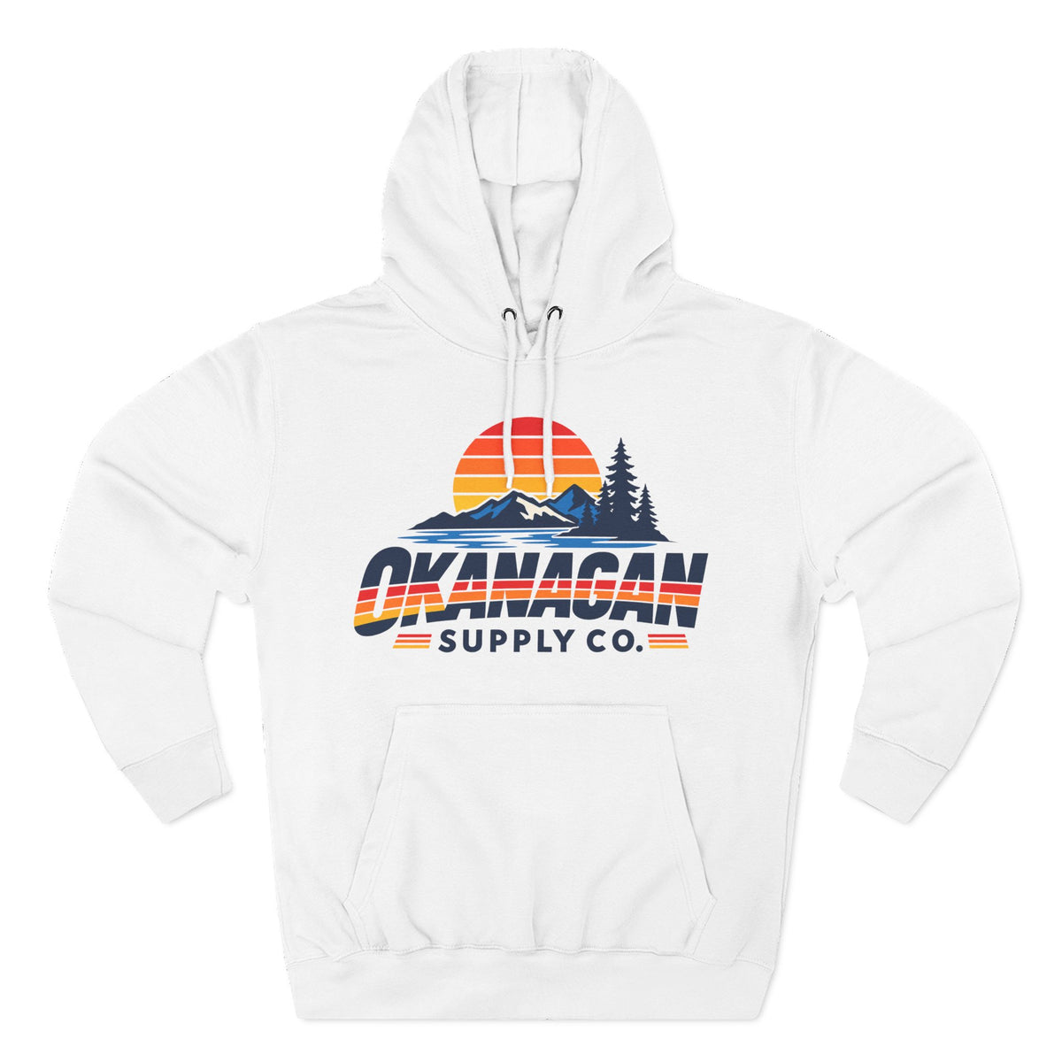 Okanagan Supply Co. Vintage Outdoors Hoodie in white, front view with retro sunset, mountain and pine print