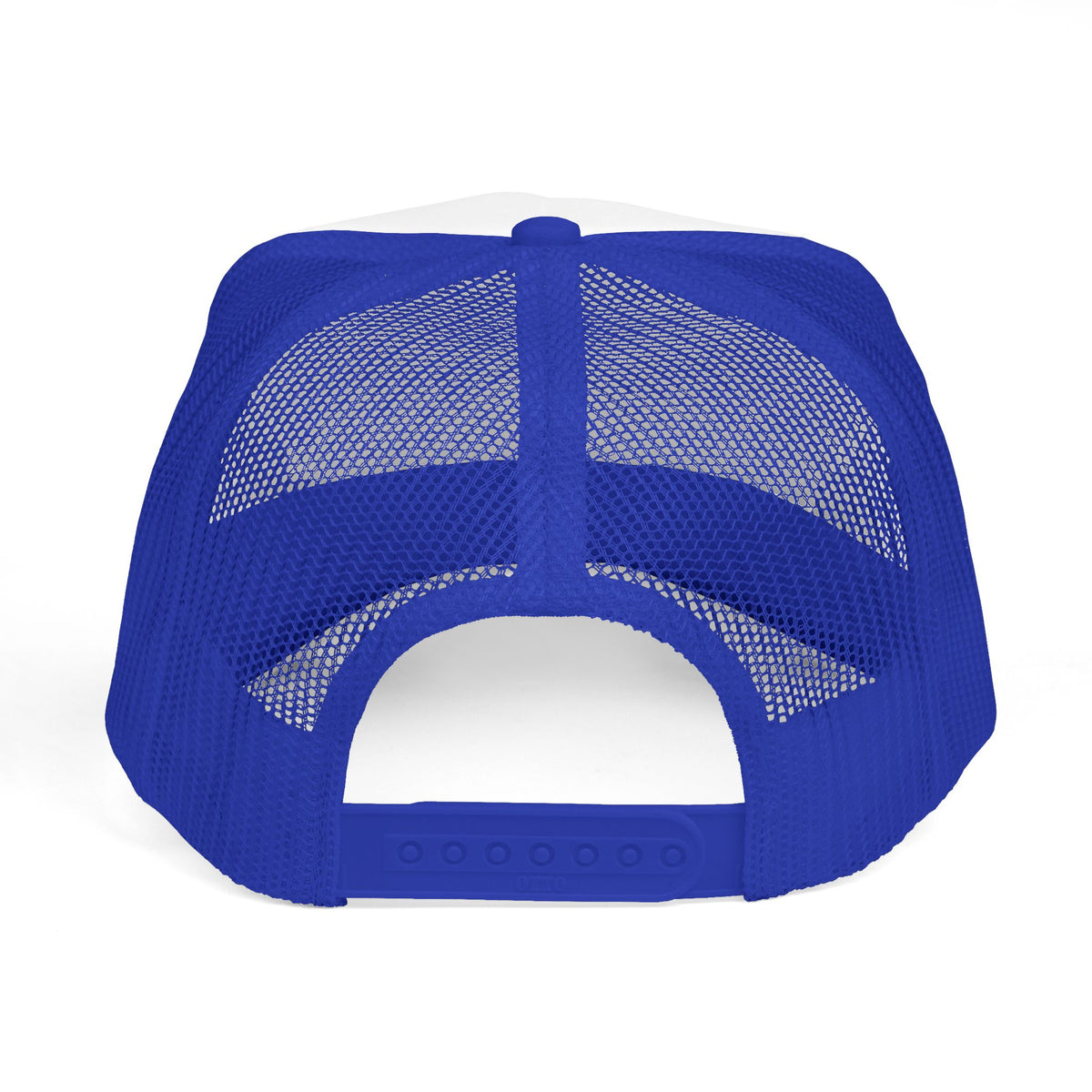 Okanagan Supply Co. Vintage Outdoors trucker hat in blue and red, back view with mesh and snapback closure