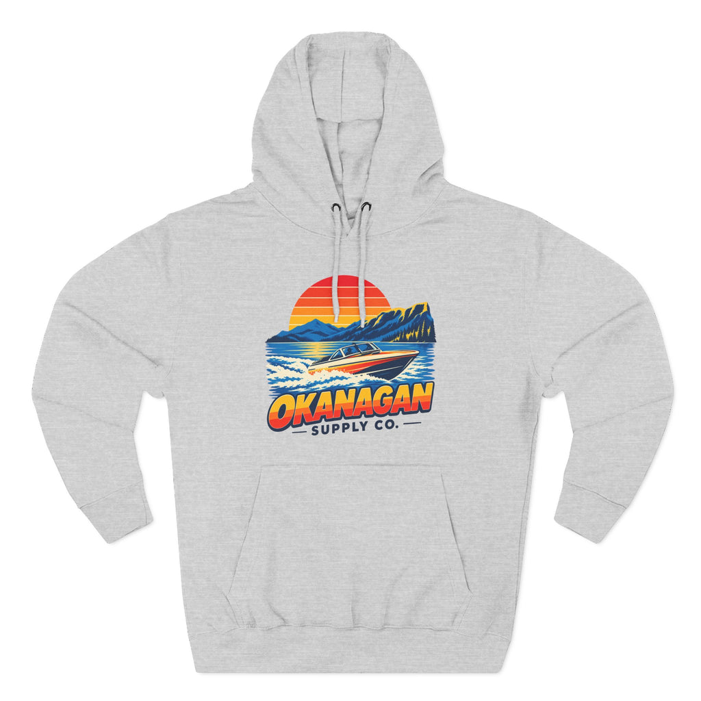 Okanagan Supply Co. Lake Day Speedboat Hoodie in heather grey, front view with retro speedboat and sunset print