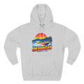 Okanagan Supply Co. Lake Day Speedboat Hoodie in heather grey, front view with retro speedboat and sunset print