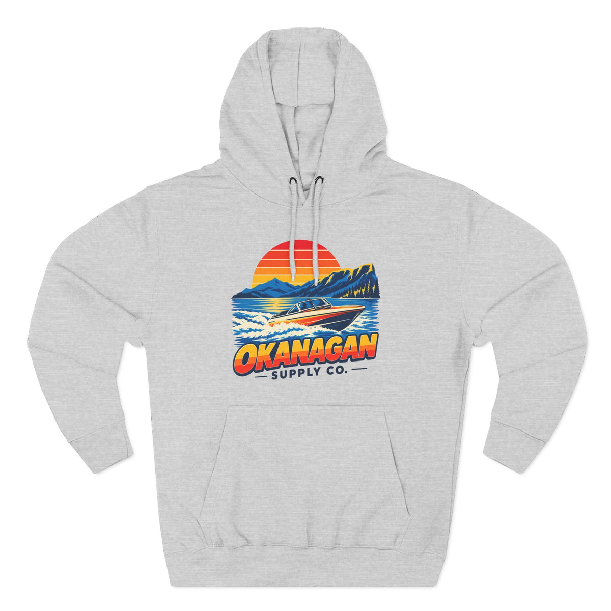 Okanagan Supply Co. Lake Day Speedboat Hoodie in heather grey, front view with retro speedboat and sunset print