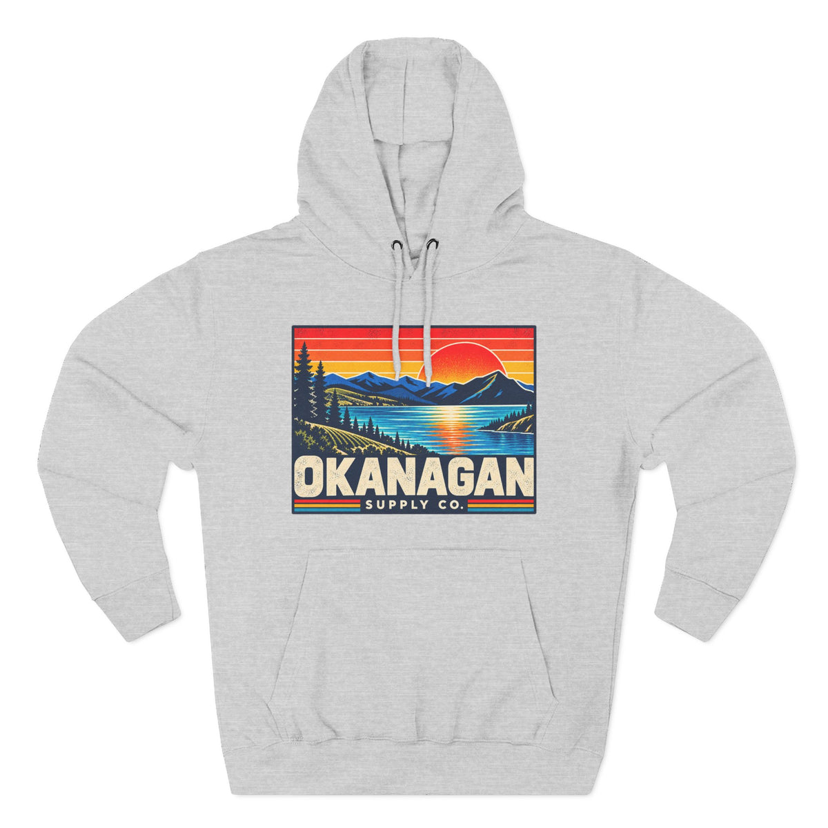 Okanagan Supply Co. Retro Sunset Hoodie in heather grey, front view with retro Okanagan lake sunset badge