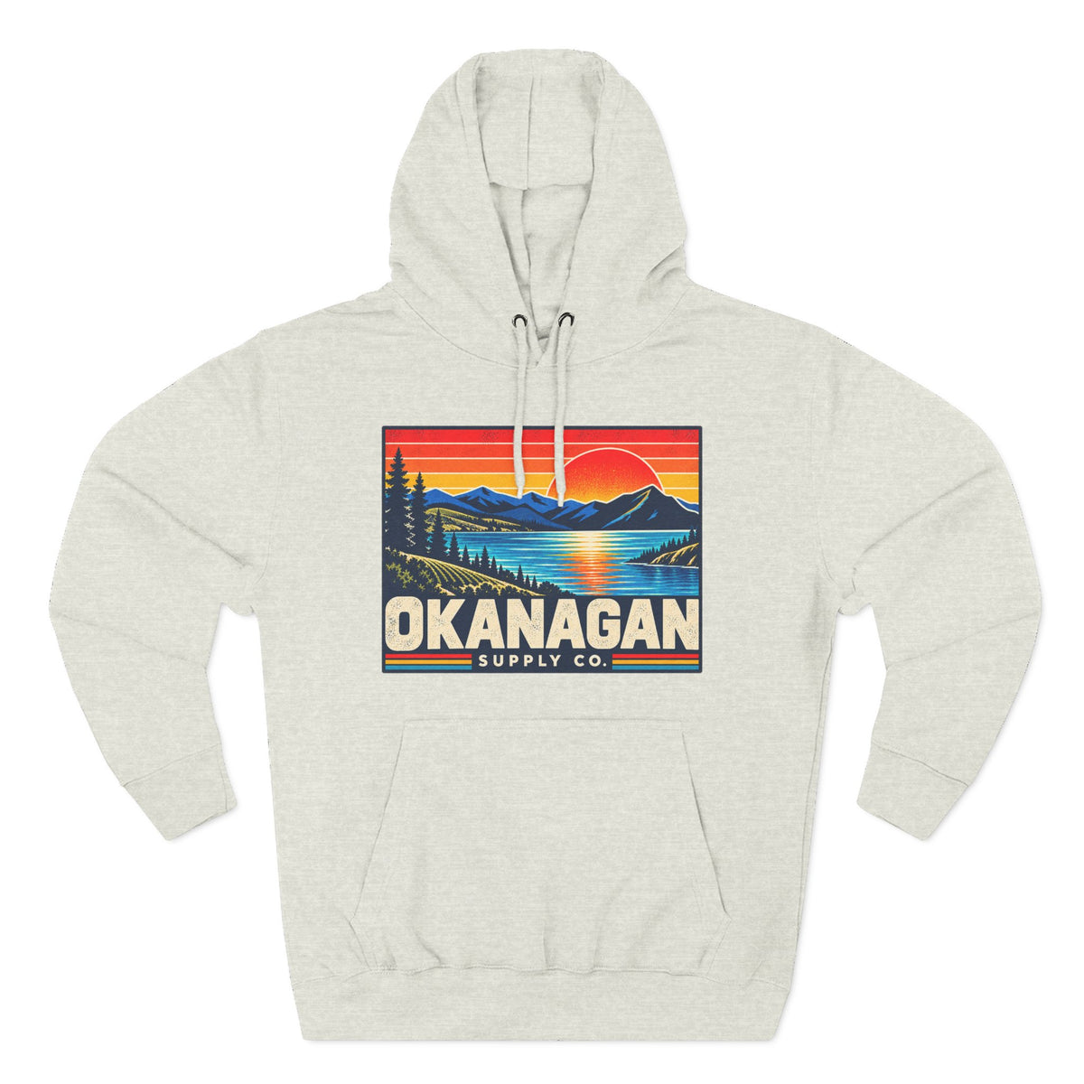 Okanagan Supply Co. Retro Sunset Hoodie in oatmeal heather, front view with retro Okanagan lake sunset badge