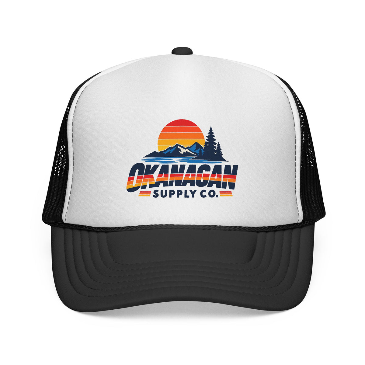 Okanagan Supply Co. Vintage Outdoors trucker hat in black, front view with retro sunset, mountain and pine logo