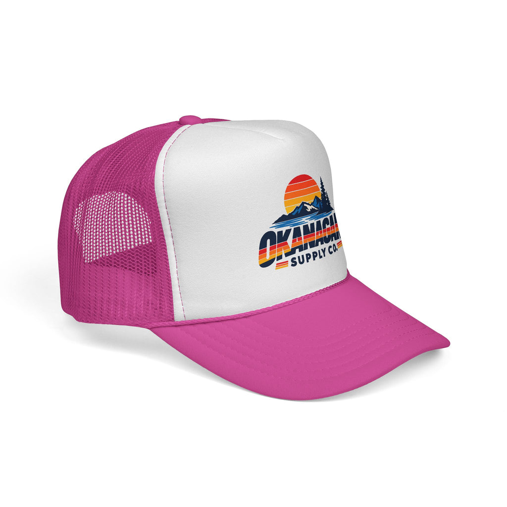 Okanagan Supply Co. Vintage Outdoors trucker hat in pink, side view