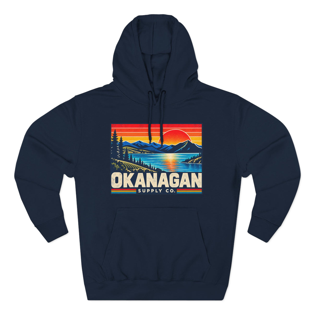 Okanagan Supply Co. Retro Sunset Hoodie in navy, front view with retro Okanagan lake sunset badge
