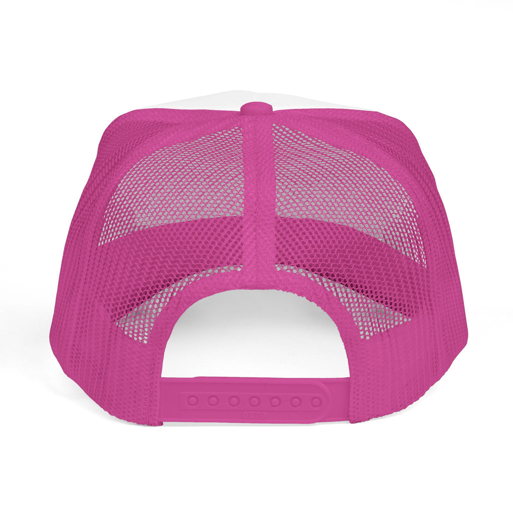 Okanagan Supply Co. Vintage Outdoors trucker hat in pink, back view with mesh and snapback closure