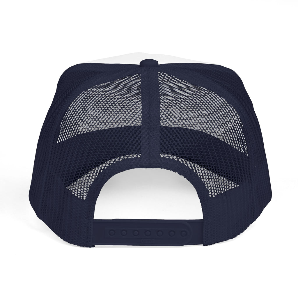 Okanagan Supply Co. Vintage Outdoors trucker hat in dark navy, back view with mesh and snapback closure