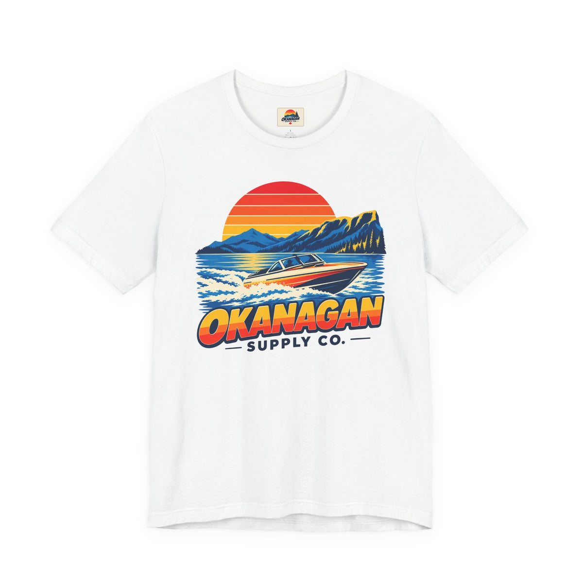 Okanagan Supply Co. Lake Day Speedboat Tee in white, front view with retro speedboat and sunset print