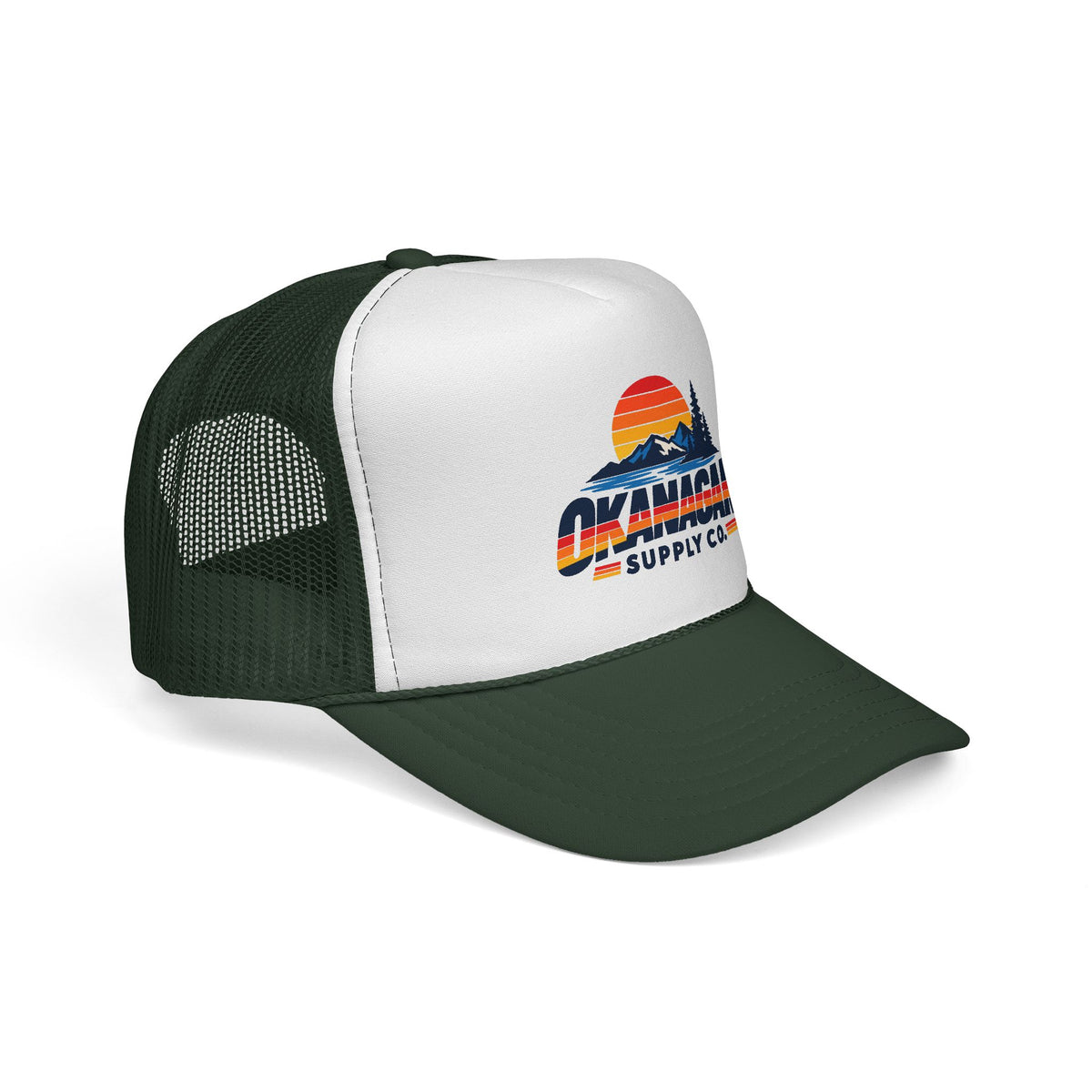Okanagan Supply Co. Vintage Outdoors trucker hat in dark green, side view