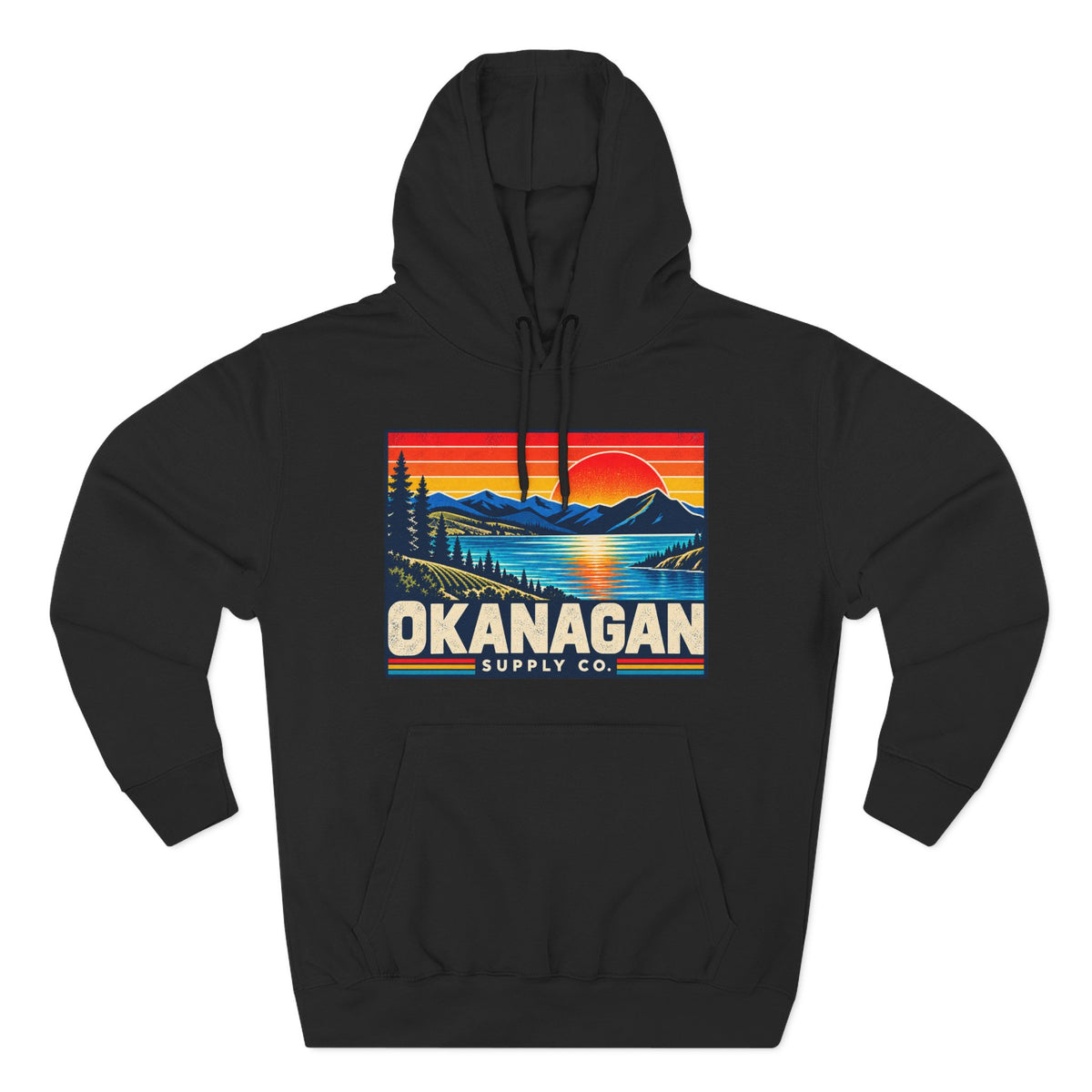Okanagan Supply Co. Retro Sunset Hoodie in black, front view with retro Okanagan lake sunset badge