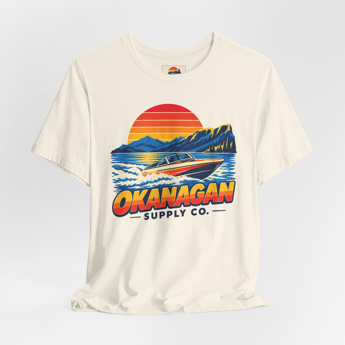 Okanagan Supply Co. Lake Day Speedboat Tee in natural, styled flat view