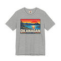 Okanagan Supply Co. Retro Sunset Tee in athletic heather, front view with retro Okanagan lake sunset badge