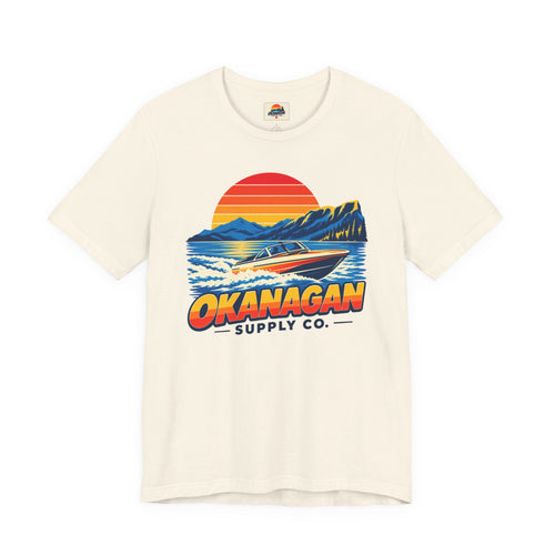 Okanagan Supply Co. Lake Day Speedboat Tee in natural, front view with retro speedboat and sunset print