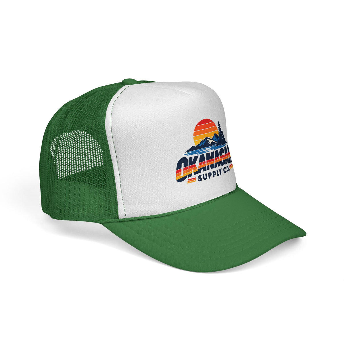 Okanagan Supply Co. Vintage Outdoors trucker hat in green, side view