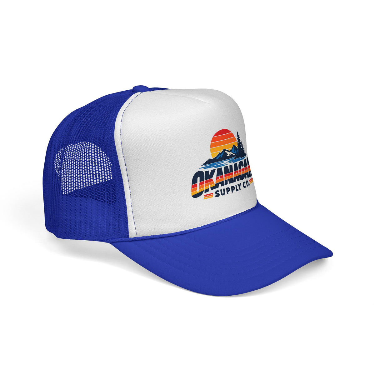 Okanagan Supply Co. Vintage Outdoors trucker hat in royal blue, side view