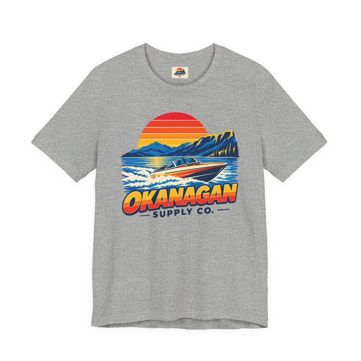 Okanagan Supply Co. Lake Day Speedboat Tee in athletic heather, front view with retro speedboat and sunset print