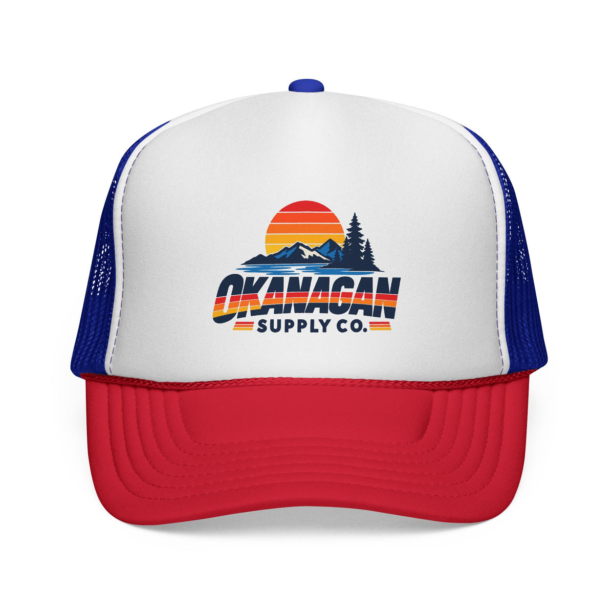 Okanagan Supply Co. Vintage Outdoors trucker hat in blue and red, front view with retro sunset, mountain and pine logo
