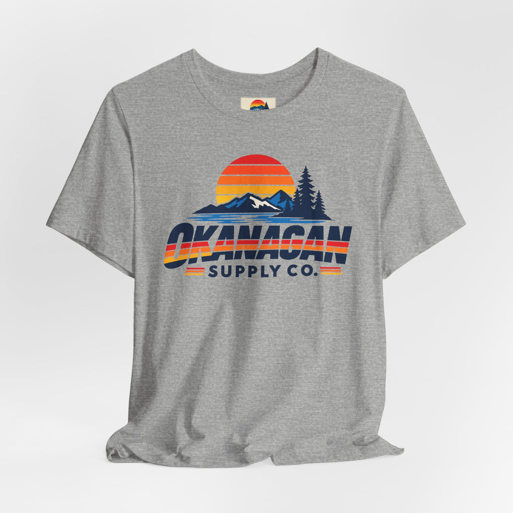 Okanagan Supply Co. Vintage Outdoors Tee in athletic heather, styled flat view